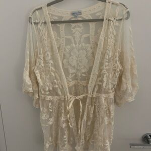 Floral Sheer Lace Kimono - Cream